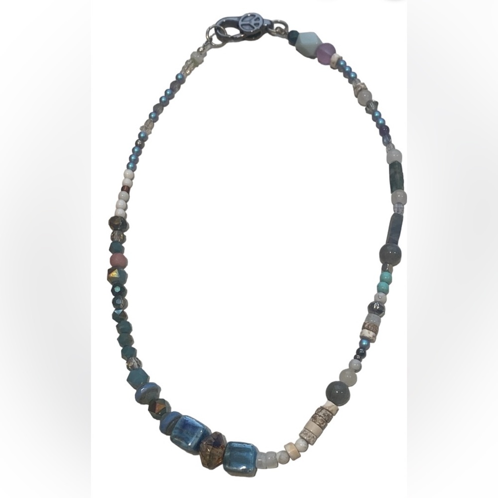 Multi Stone Pendant Necklace 18” Beaded One Of A Kind Blue Cream Bling Peace - Picture 6 of 9